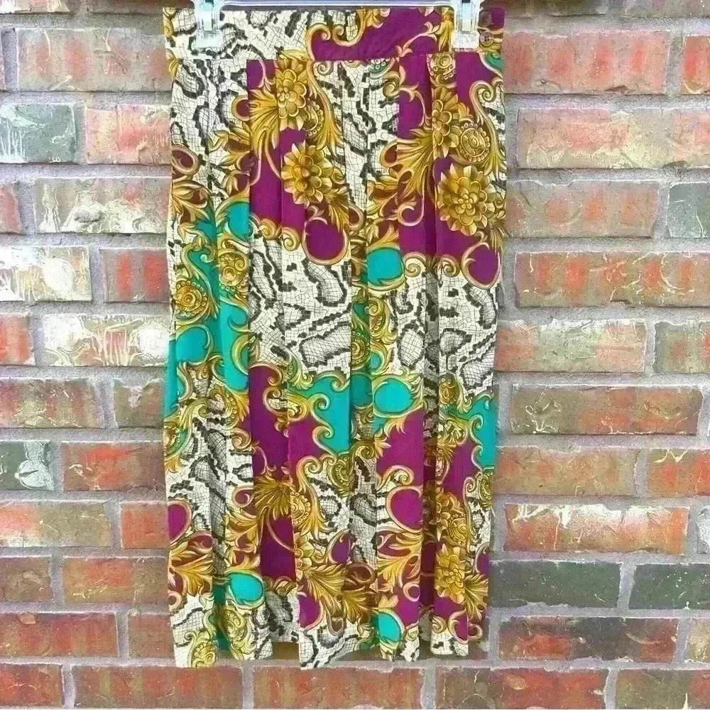 Vintage 80s Classy Bright Color Pattern 100% Silk Pleated Skirt 4P